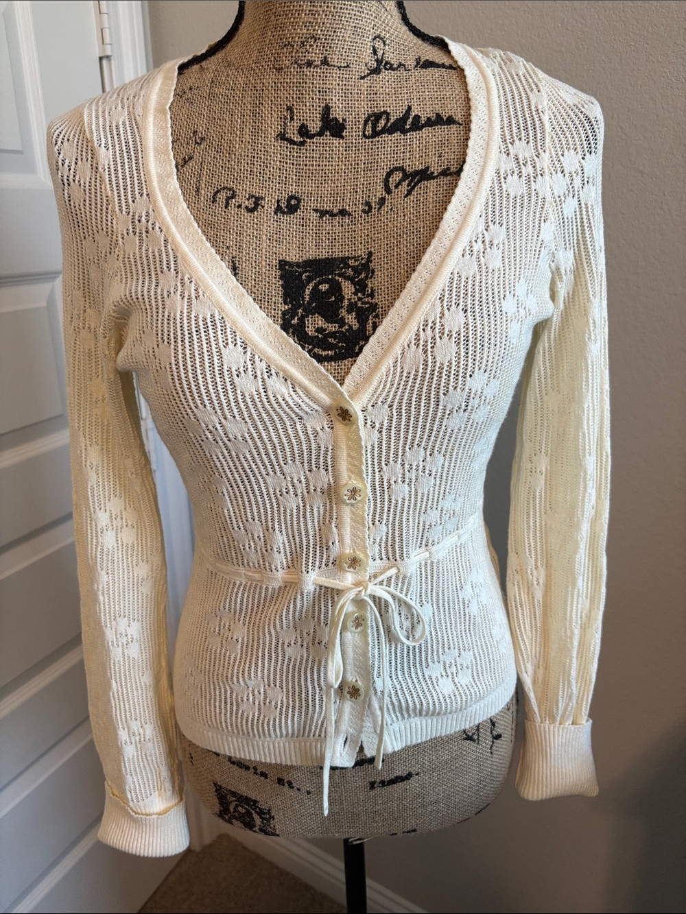 Moth by Anthropologie Cream Lace-Pattern Knit Cardigan with Tie Waist